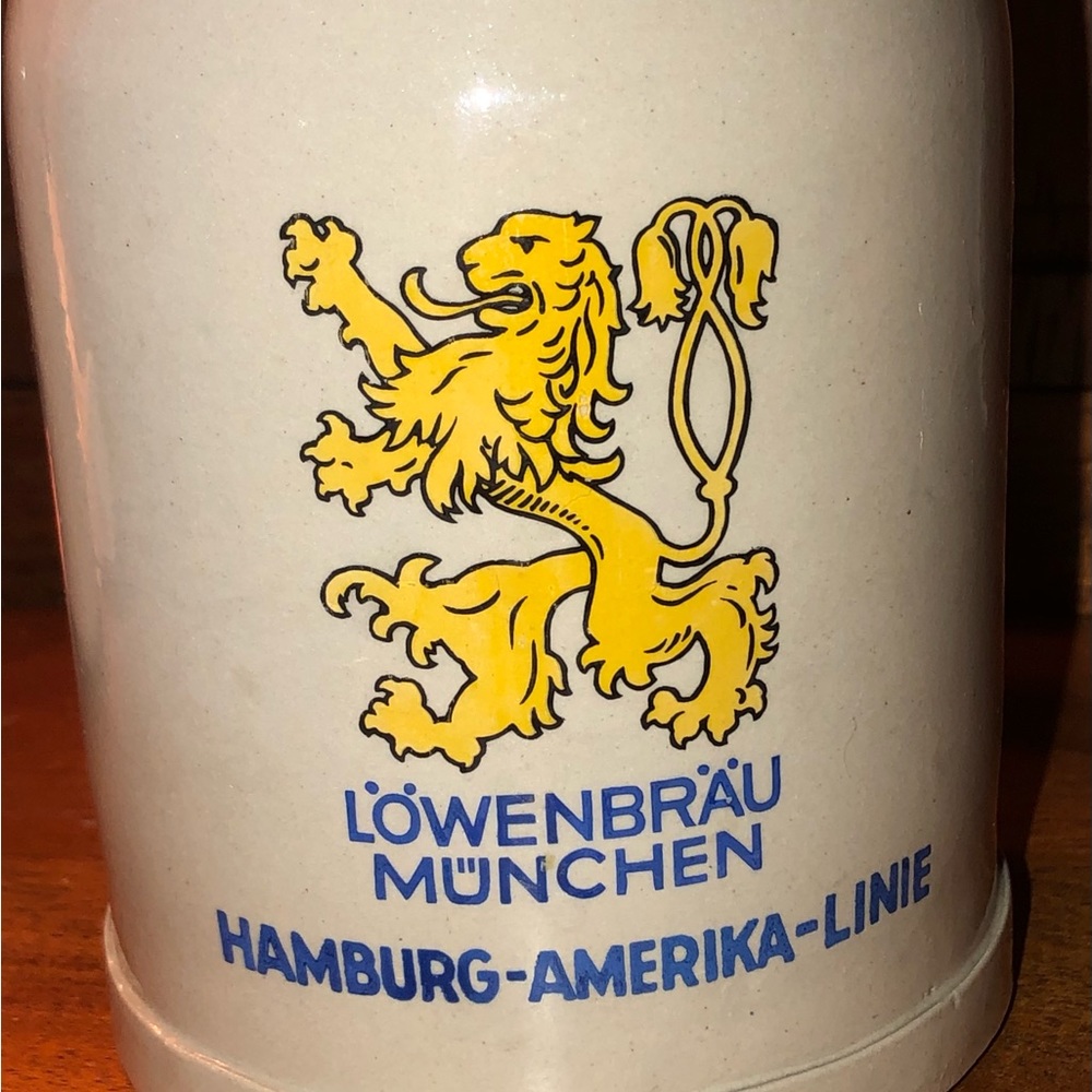 Antique Lowenbrau German Beer Stein Pottery Stoneware Munich Ger American Line